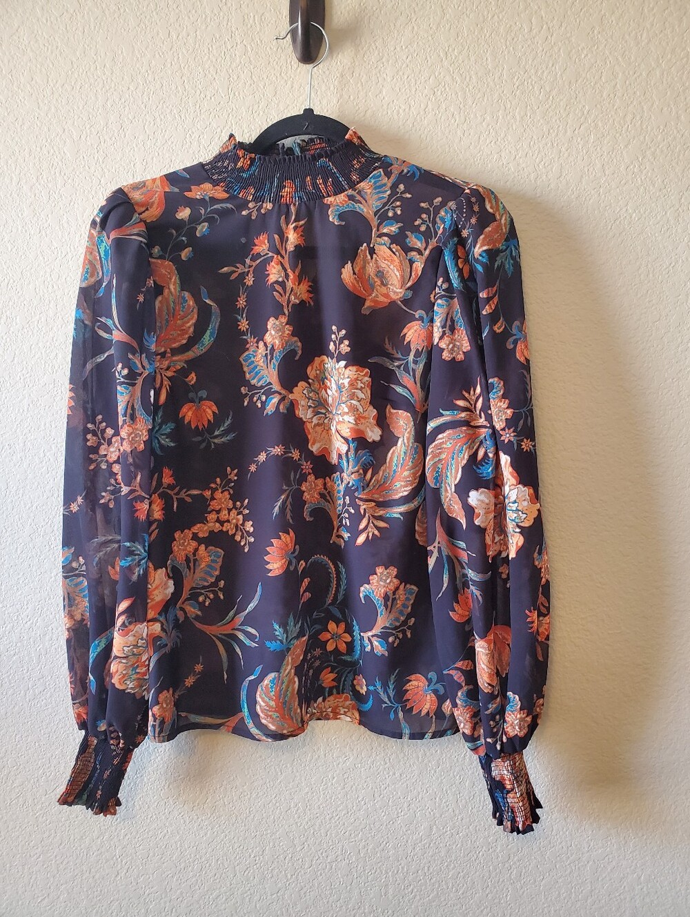 Flying Tomato Navy Blouse with Coral and Teal Floral Print